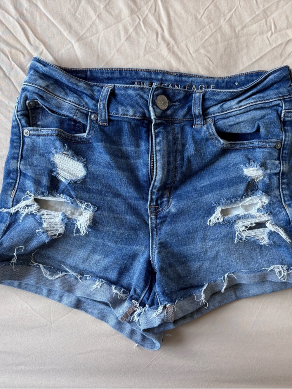 American Eagle Outfitters Blue Distressed High-Rise Jean Shorts